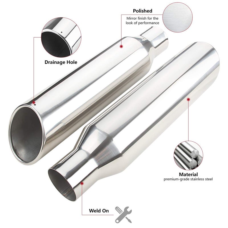 LCGP 2 Pcs 2.5" Inlet Exhaust Tips,2.5" Inlet x 4" Outlet x 17" Overall Length, Weld On, Polished, Universal Stainless Steel Diesel Exhaust Tailpipe - Image 5